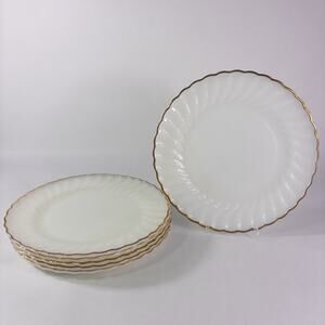 6 Anchor Hocking Fire-King White Milk Glass Swirl Gold Trim 9” Dinner Plates